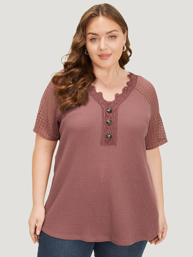 Plain Contrast Lace Raglan Sleeve Button Detail T-shirt