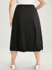 Solid Pocket Button Detail Drawstring Hem Skirt