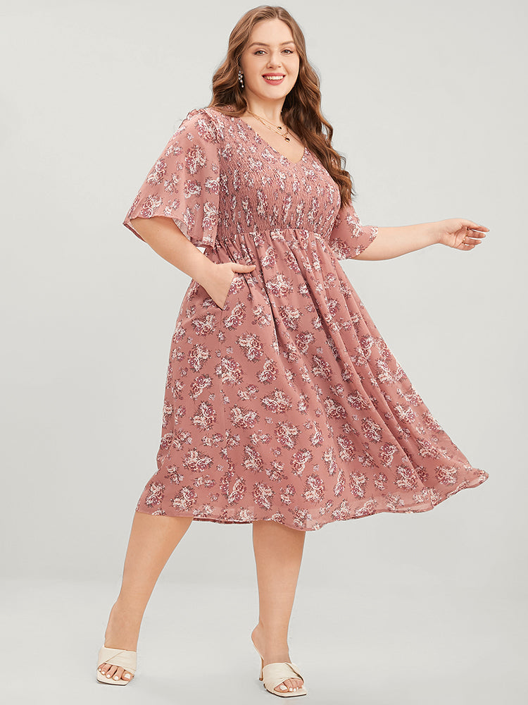 Floral Print V Neck Shirred Pocket Ruffle Dress