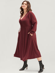 Solid Lantern Sleeve Tie Neck Pocket Rib Knit Dress