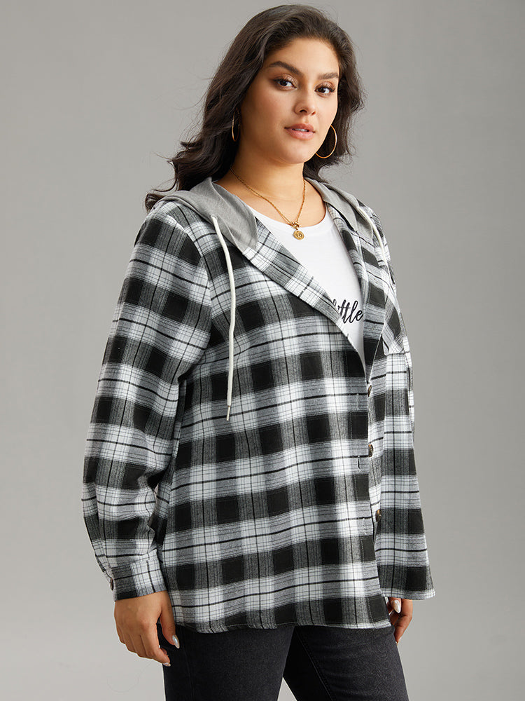 Plaid Patchwork Hooded Drawstring Button Through Jacket