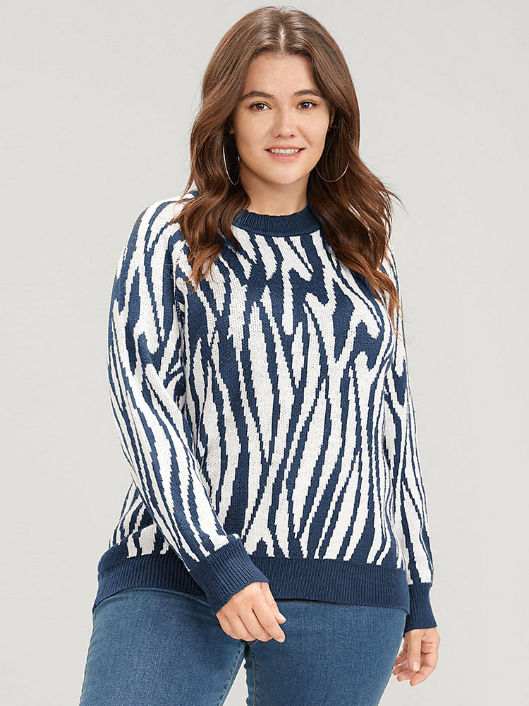 Zebra Print Pointelle Knit Raglan Sleeve Jacquard Knit Top
