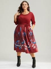 Boho Print Patchwork Belted Gathered Dress