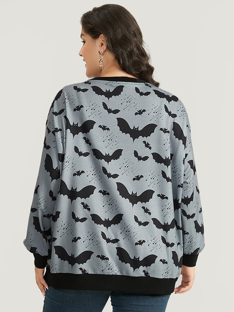 Halloween Bat Print Pocket Button Up Rib Knit Coat