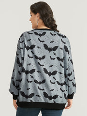 Halloween Bat Print Pocket Button Up Rib Knit Coat