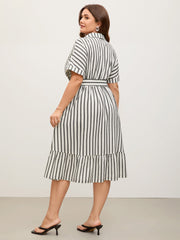 Striped Belted Cinched Button Placket Midi Dress