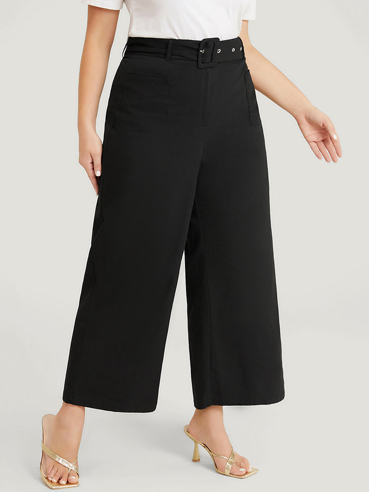 Solid Pocket Eyelet Detail Buckle Belted Pants