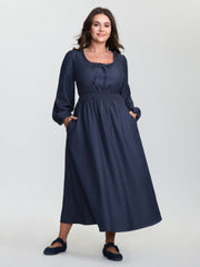 Ruffled Neckline Shirred Waist Pocket Maxi Dress