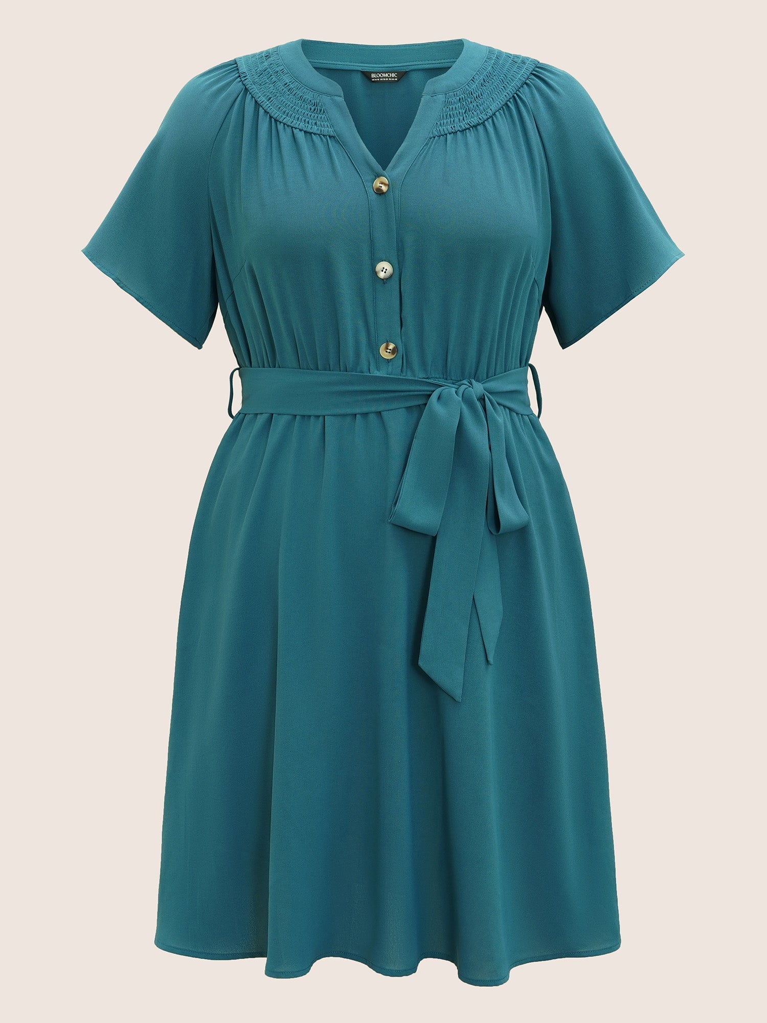 Shirred Notched Button Up Belted Dress