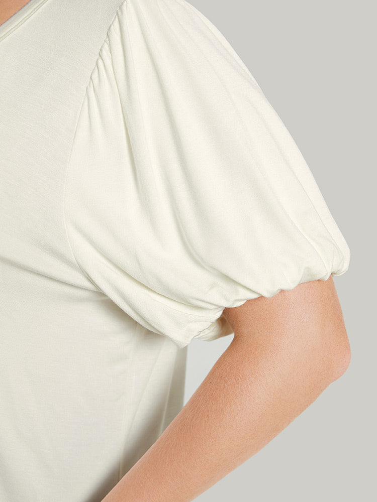 Solid Puff Sleeve V Neck T-shirt