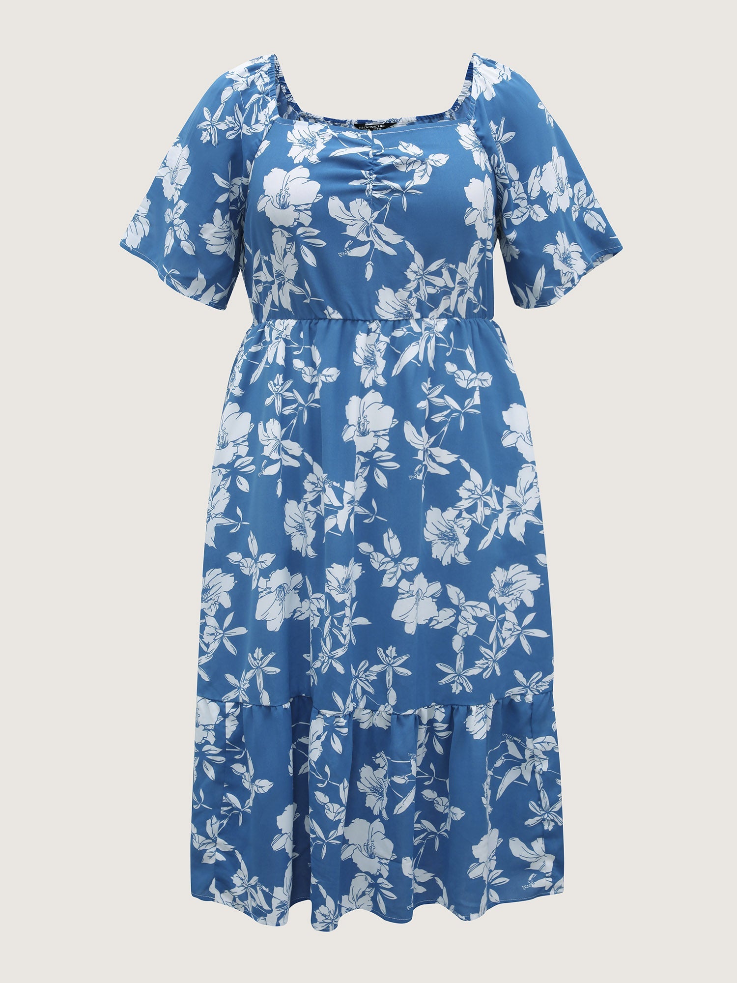 Silhouette Flower Stretchy Waist Pleated Midi Dress