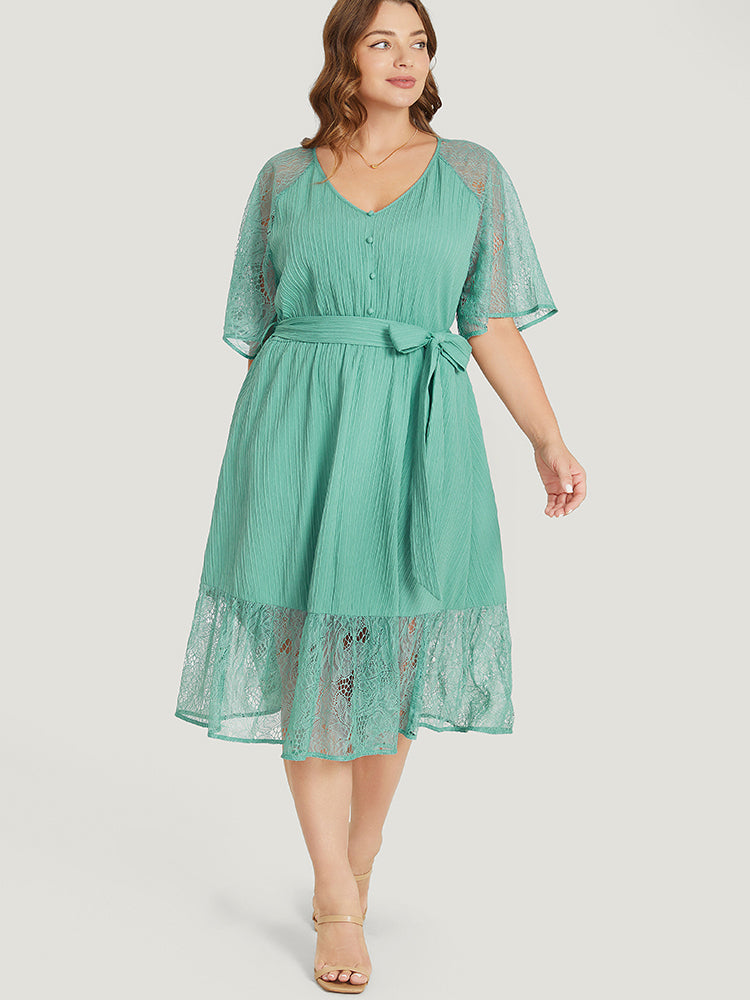 Plain Pocket Lace Raglan Sleeve Ruffle Belted Plisse Dress