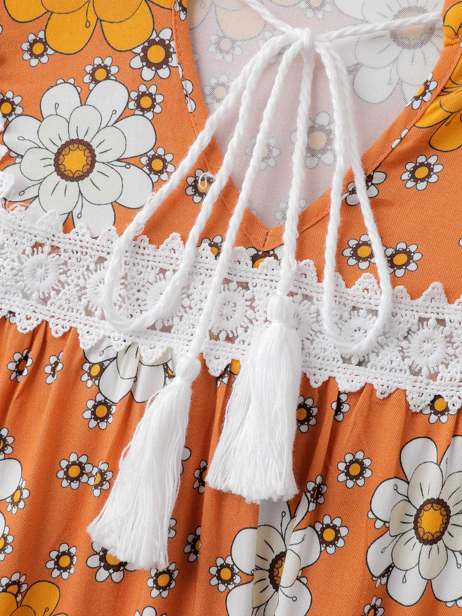 Floral Lace Trim Sheer Knee-Length Dress