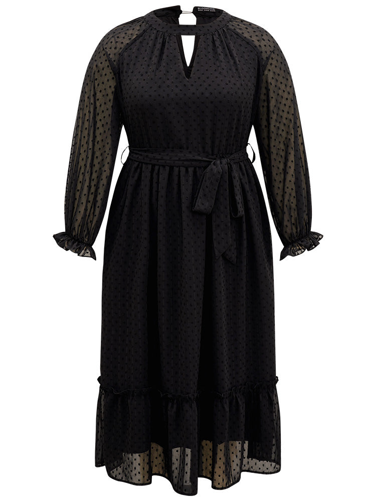 Chiffon Texture Belted Mesh Keyhole Frill Trim Dress