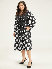 Geometric Print Belted Lantern Sleeve Dress