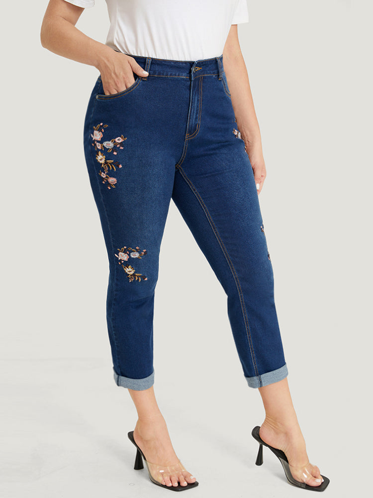 Straight Leg Very Stretchy Dark Wash Floral Embroidered Jeans