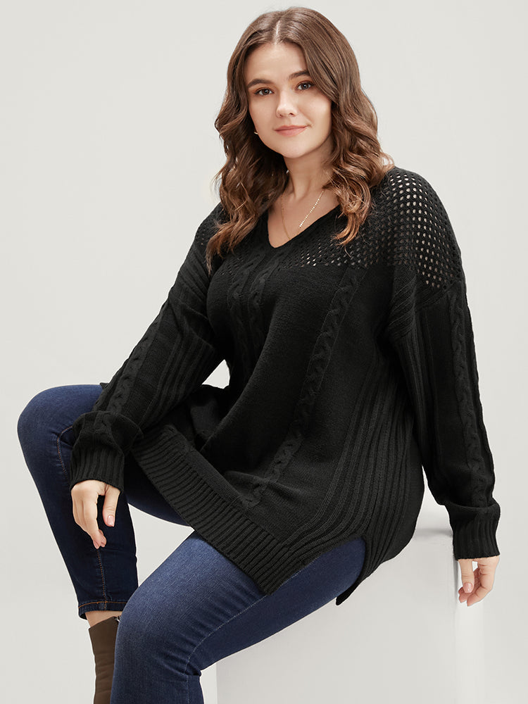 Solid Pointelle Knit Cut Out Split Hem Cable Knit Top