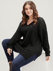Solid Pointelle Knit Cut Out Split Hem Cable Knit Top