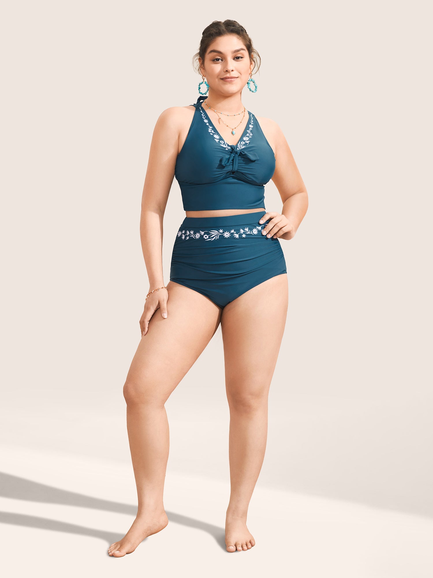 Floral Embroidered Knot Ruched Swim Top