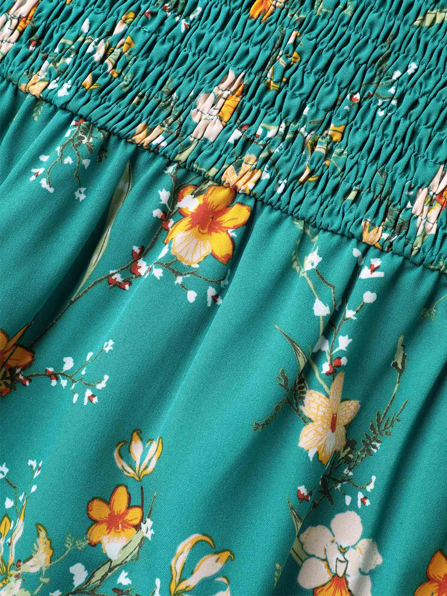 Shirred Printed Flutter Sleeve Pockets Maxi Dress