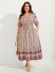 Floral Print Lace Waist Drawstring Maxi Dress