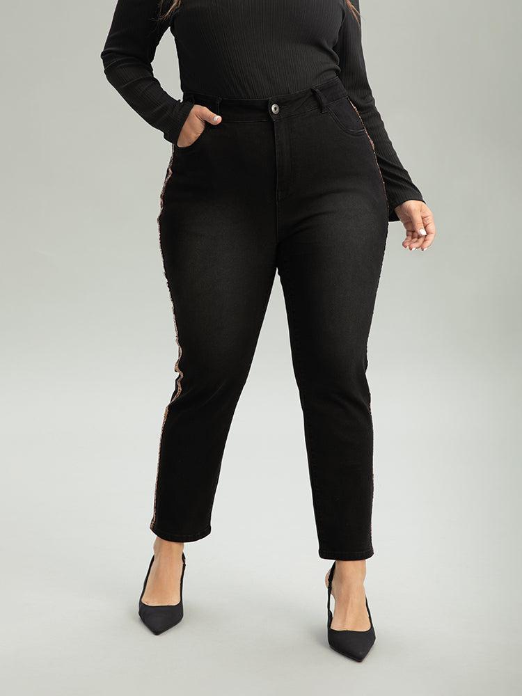 Sequin Patchwork Black Wash Straight Leg Jeans