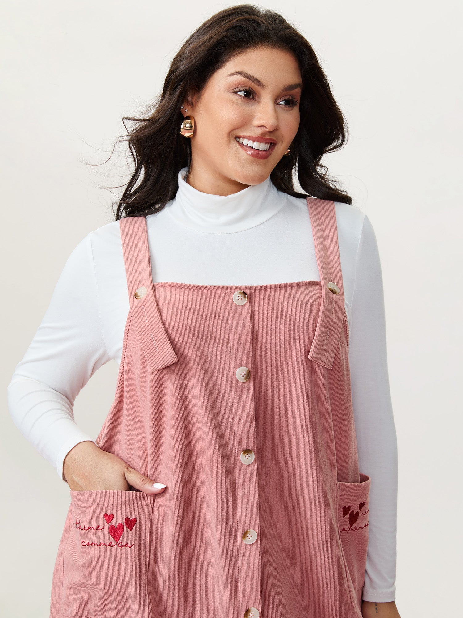 Heart Embroidered Pockets Adjustable Overall Dress