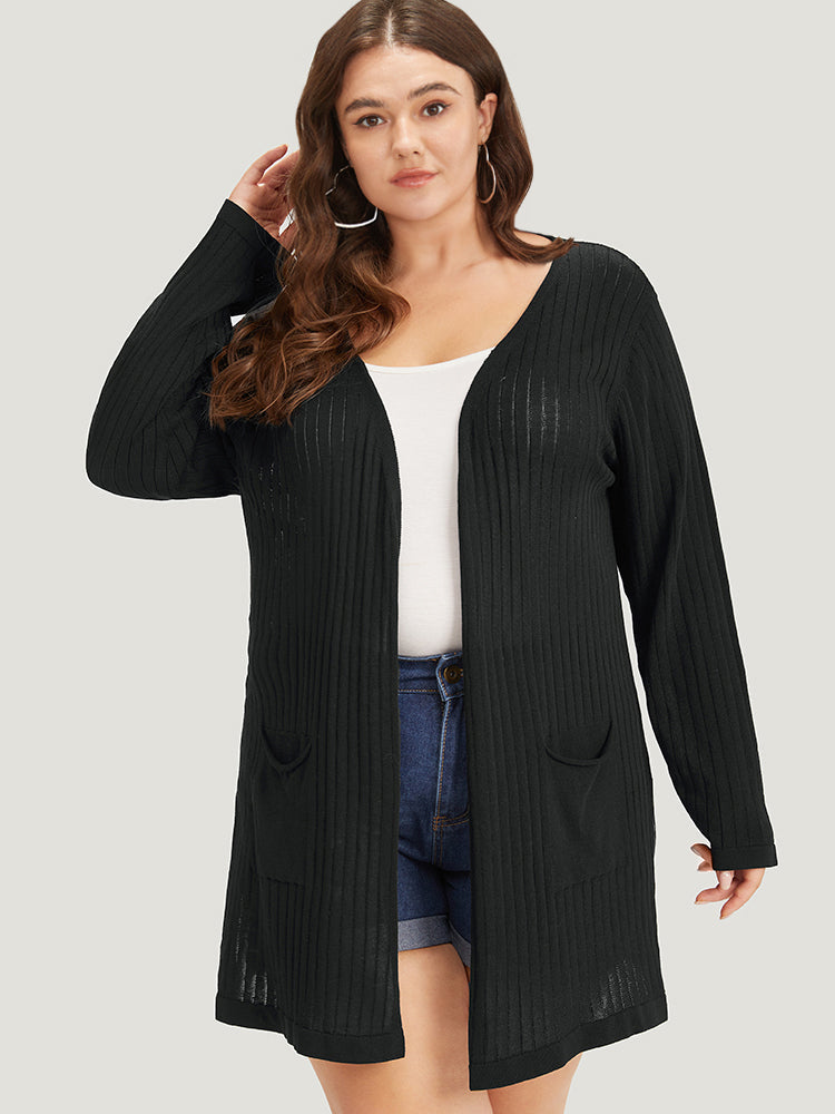 Solid Rib Knit Pocket Lightweight Tunic Cardigan