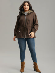 Fuzzy Trim Patchwork Zipper Drawstring Buckle Detail Jacket