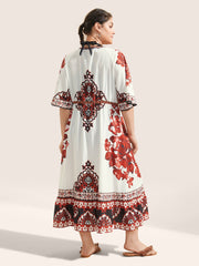 Boho Print Ties Raglan Sleeve Flutter Hem Kimono