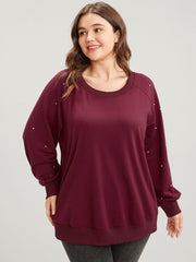 Solid Pearls Beaded Raglan Sleeve Drop Shoulder Sweatshirt