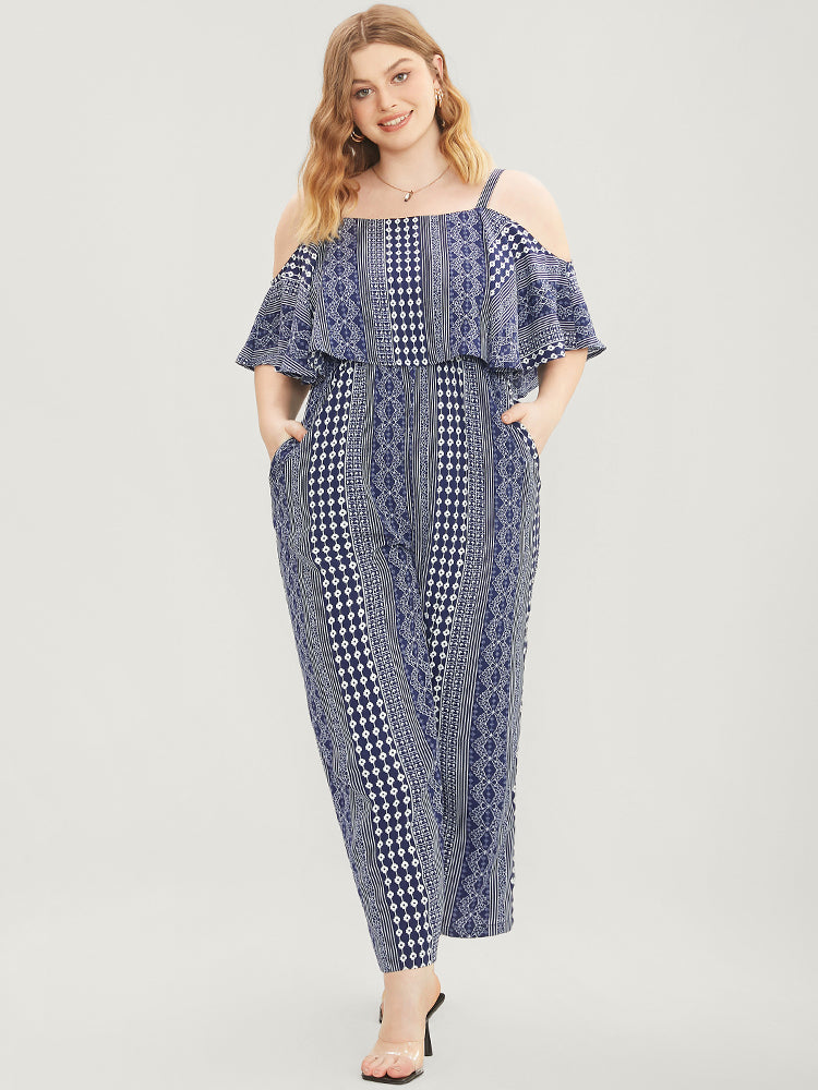 Striped Geometric Pocket Ruffles Cold Shoulder Jumpsuit