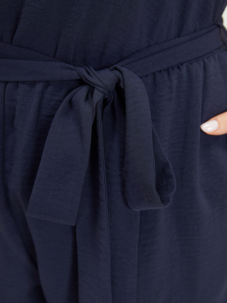 Solid Pocket Contrast Lace Belted Tank Romper