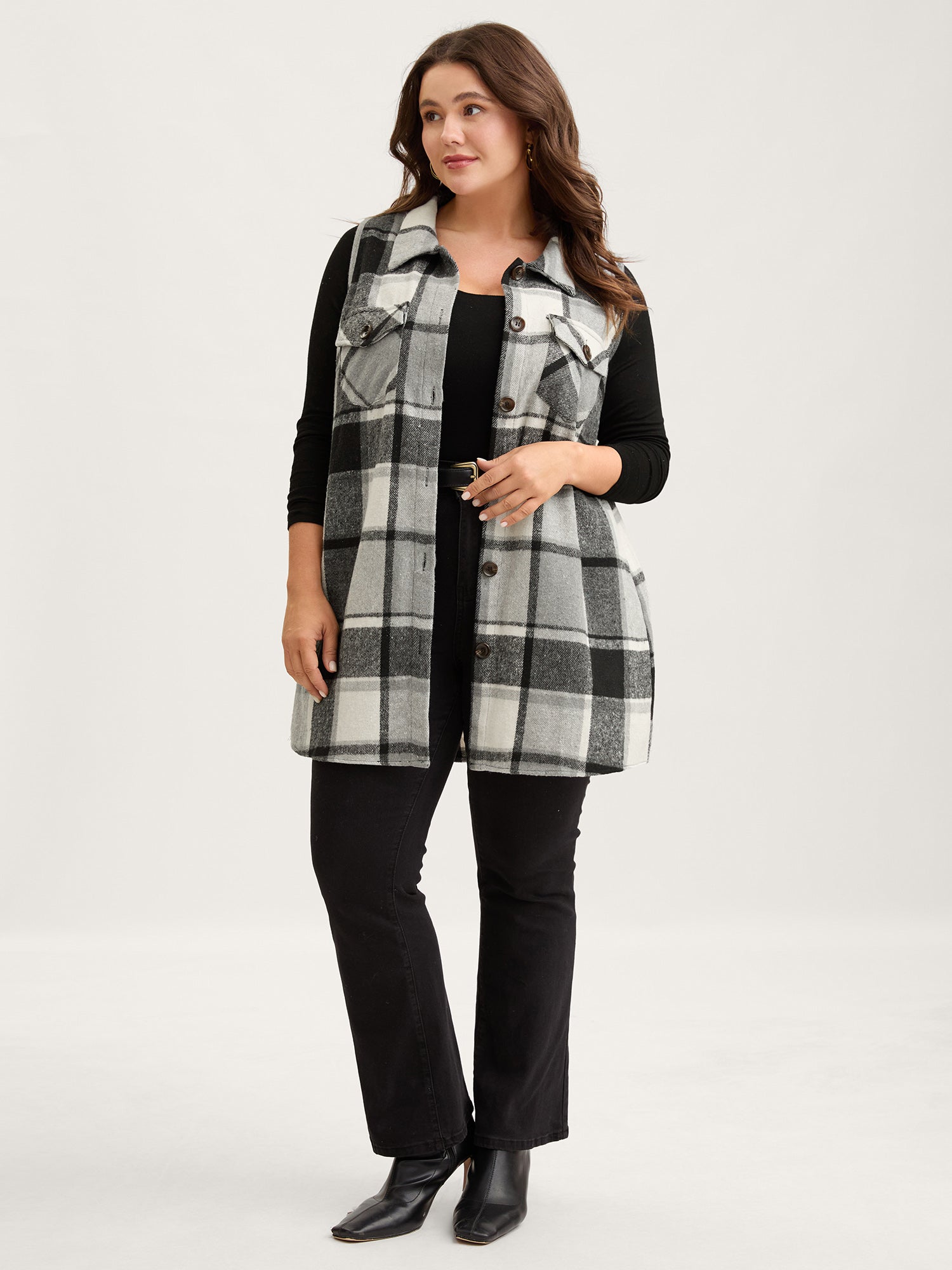 Plaid Flap Detail Sleeveless Jacket