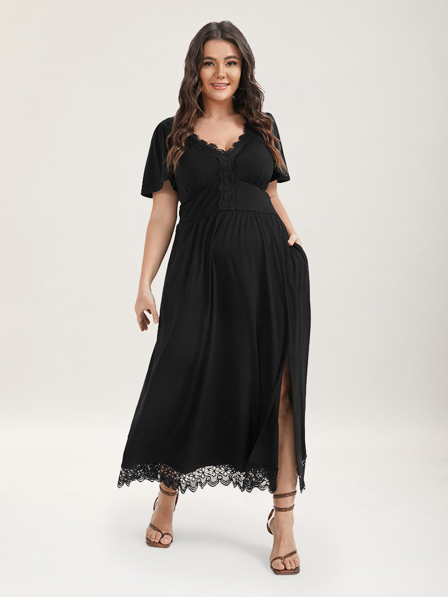 Solid Pocket Contrast Lace Split Maxi Dress