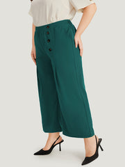 Solid Pleated Button Detail Straight Leg Pants
