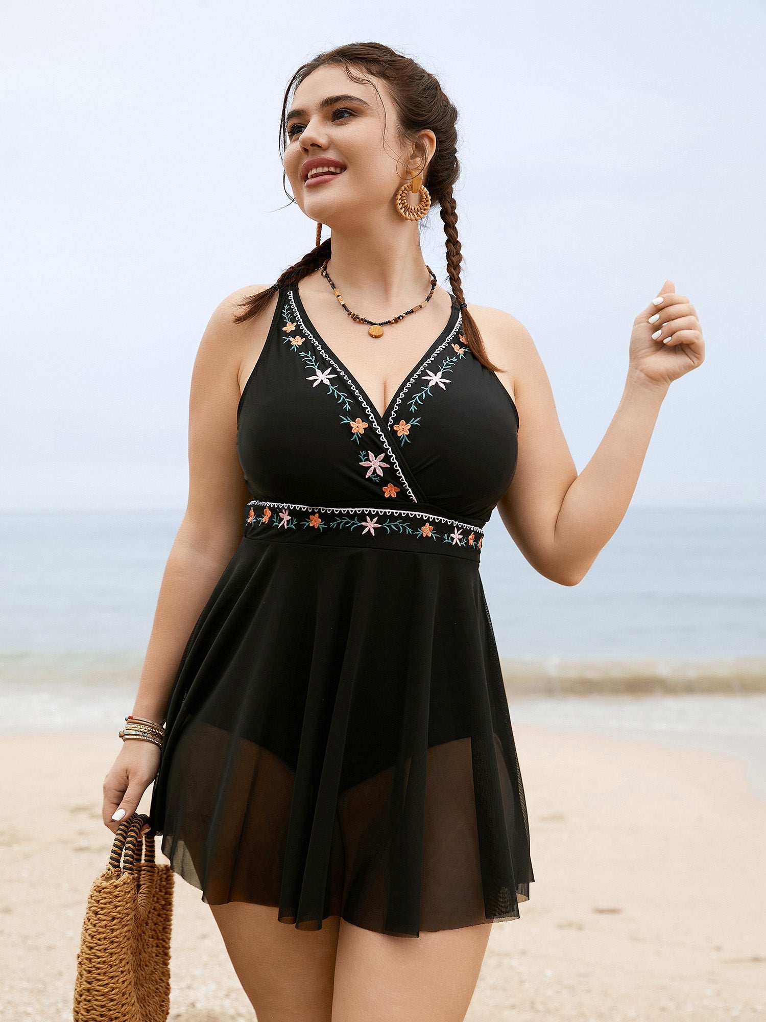 Floral Embroidered Overlap Collar Swim Dress