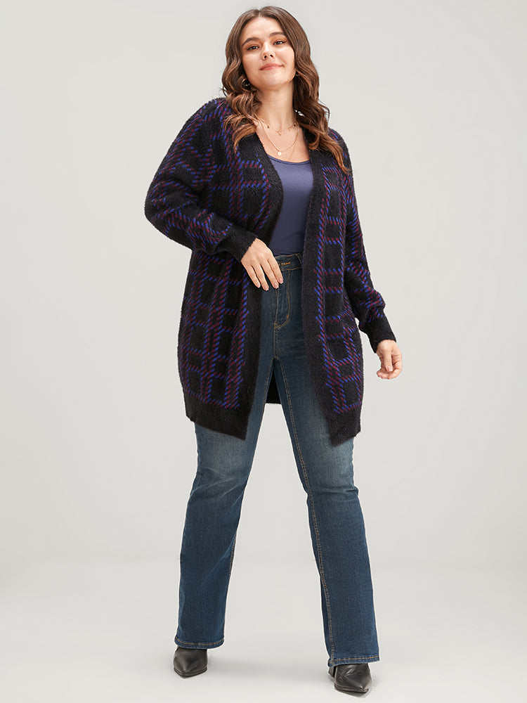 Plaid Contrast Soft Sexy Yarn Knit Fluffy Open Front Cardigan