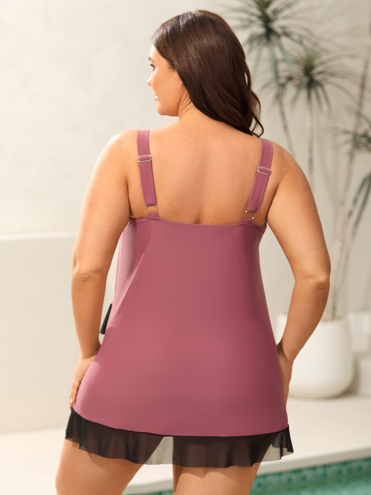 Flared Overlap Hem Round Neck Swim Top