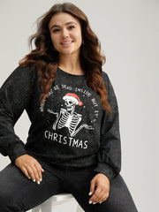 Christmas Vintage Skull Print Crew Neck Sweatshirt