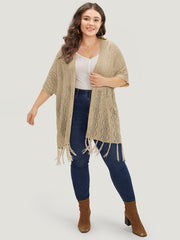 Solid Fringe Trim Geometric Eyelet Batwing Sleeve Cardigan