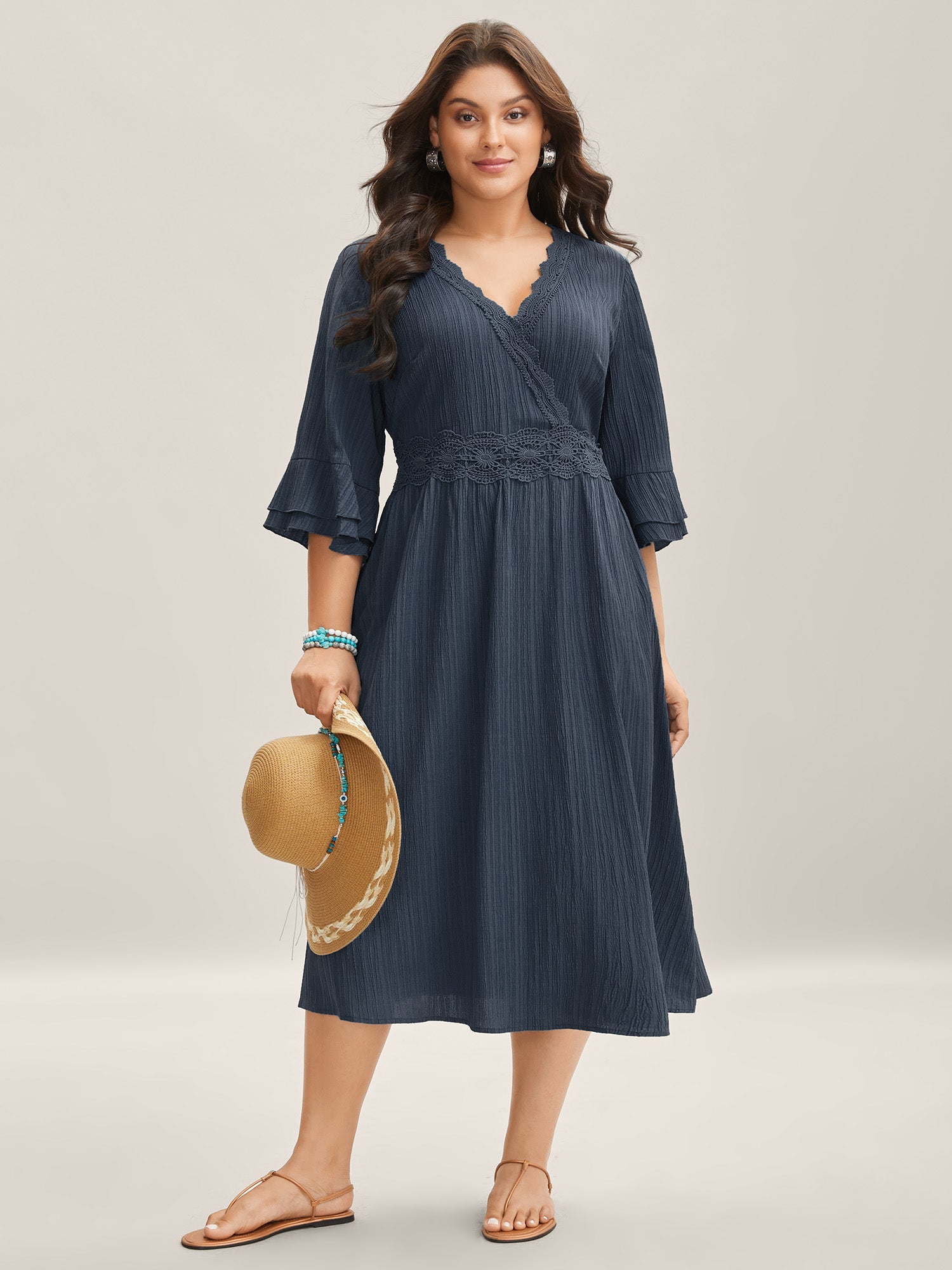 Scalloped Lace Surplice Ruffled Midi Dress