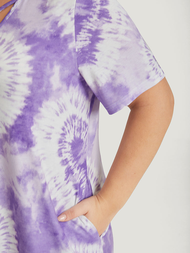 Heart Print Tie Dye Pocket Crisscross Neck Dress