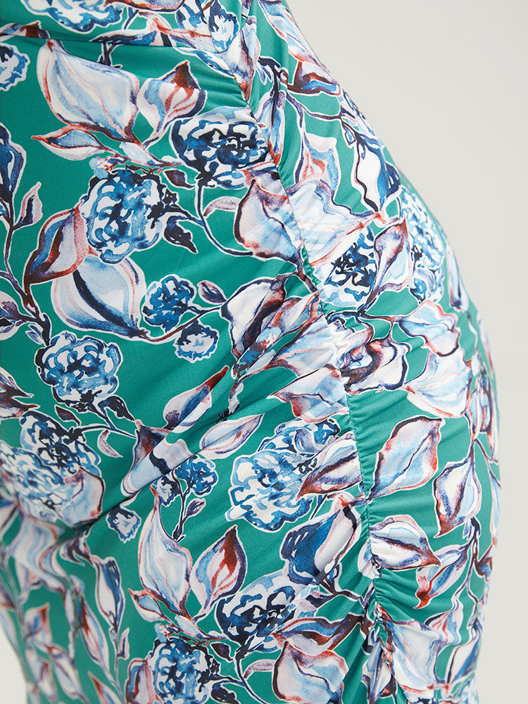 Floral Print Hanky Hem Knot Deep V Neck Tank Dress