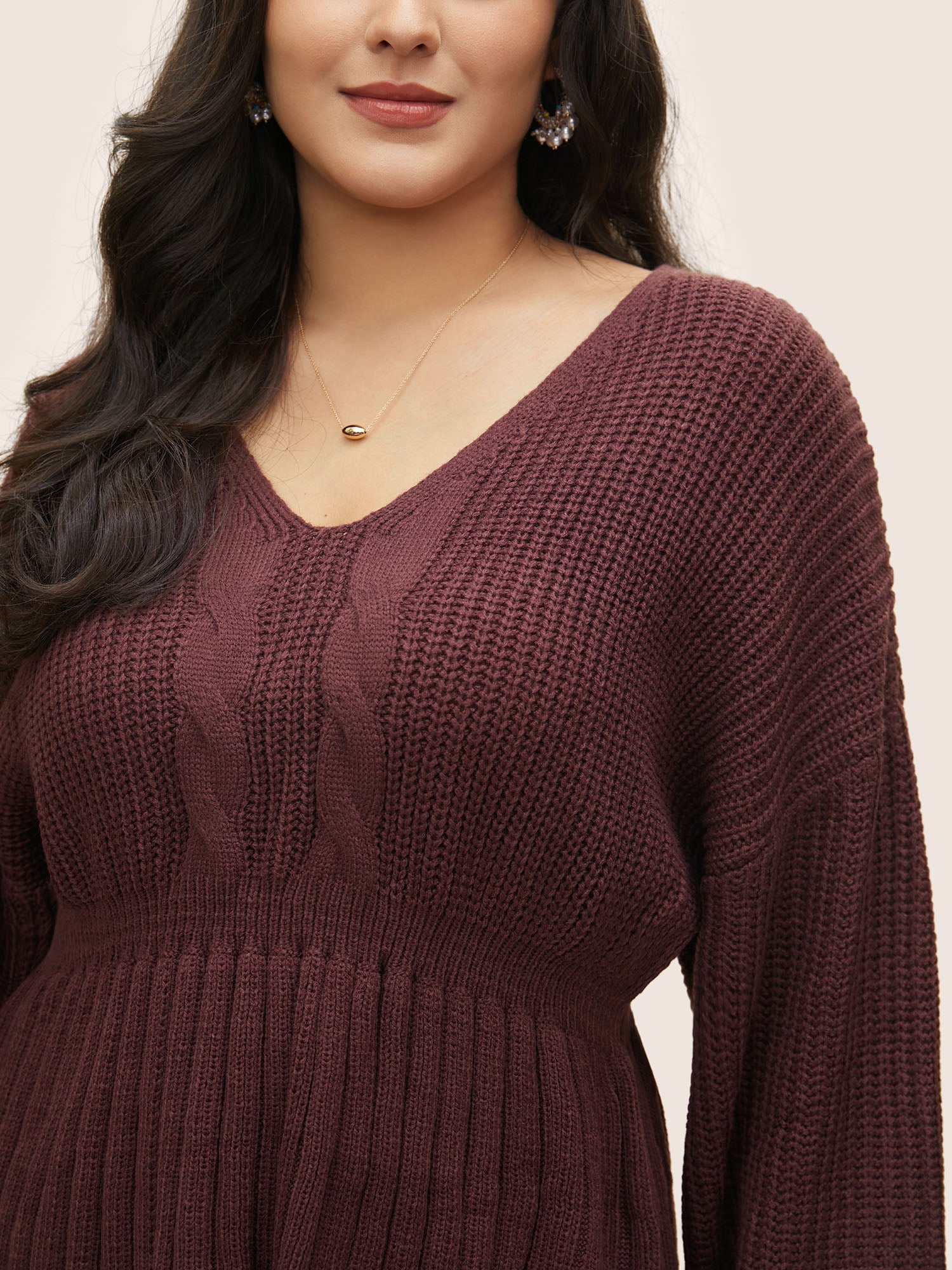 Solid Cable Knit Elastic Waist Pullover