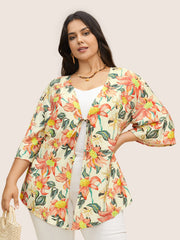 Floral Print Tie Knot Ruffle Sleeve Kimono