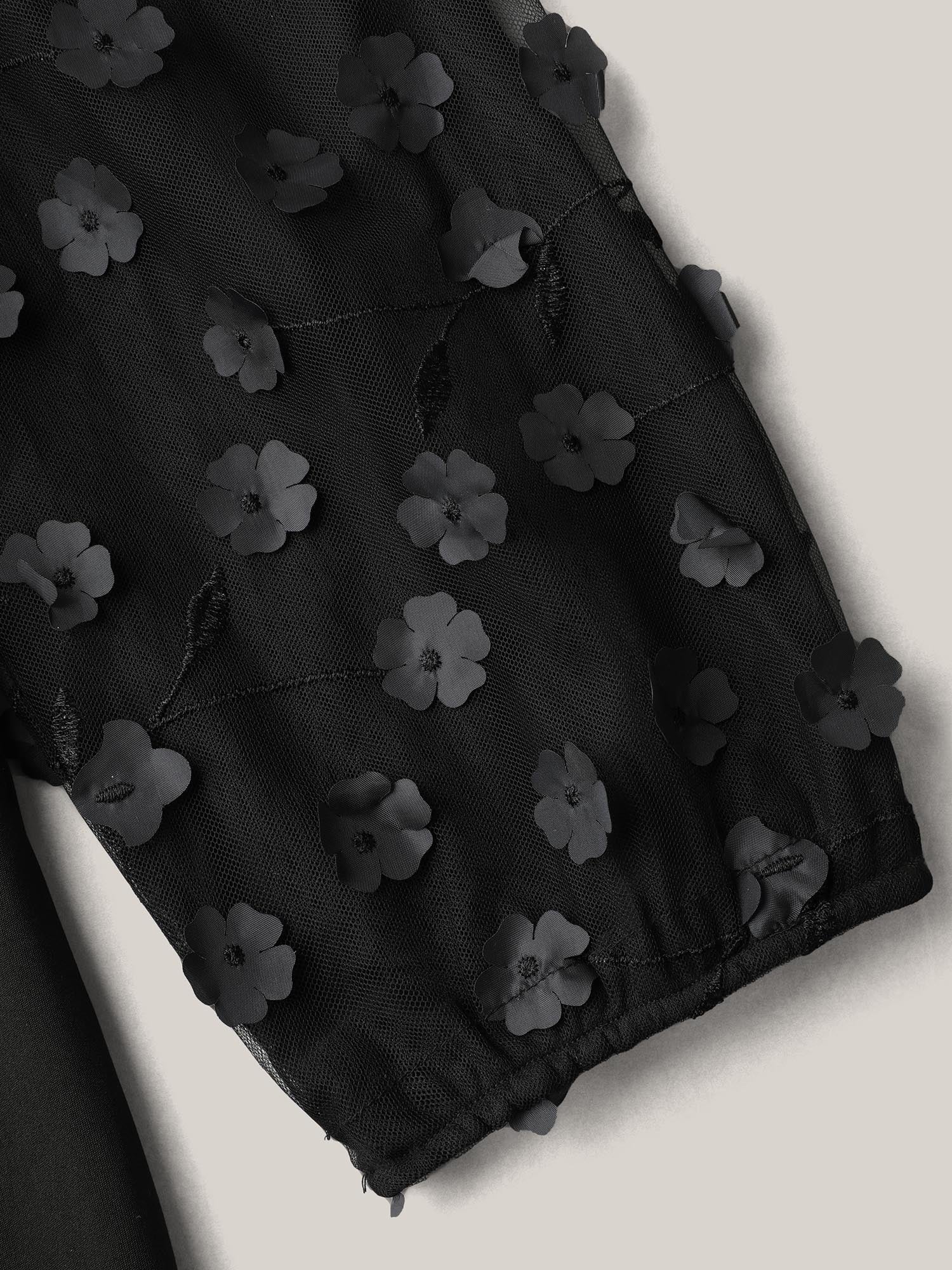 Floral Mesh Sleeve Pockets Straight-Leg Jumpsuit