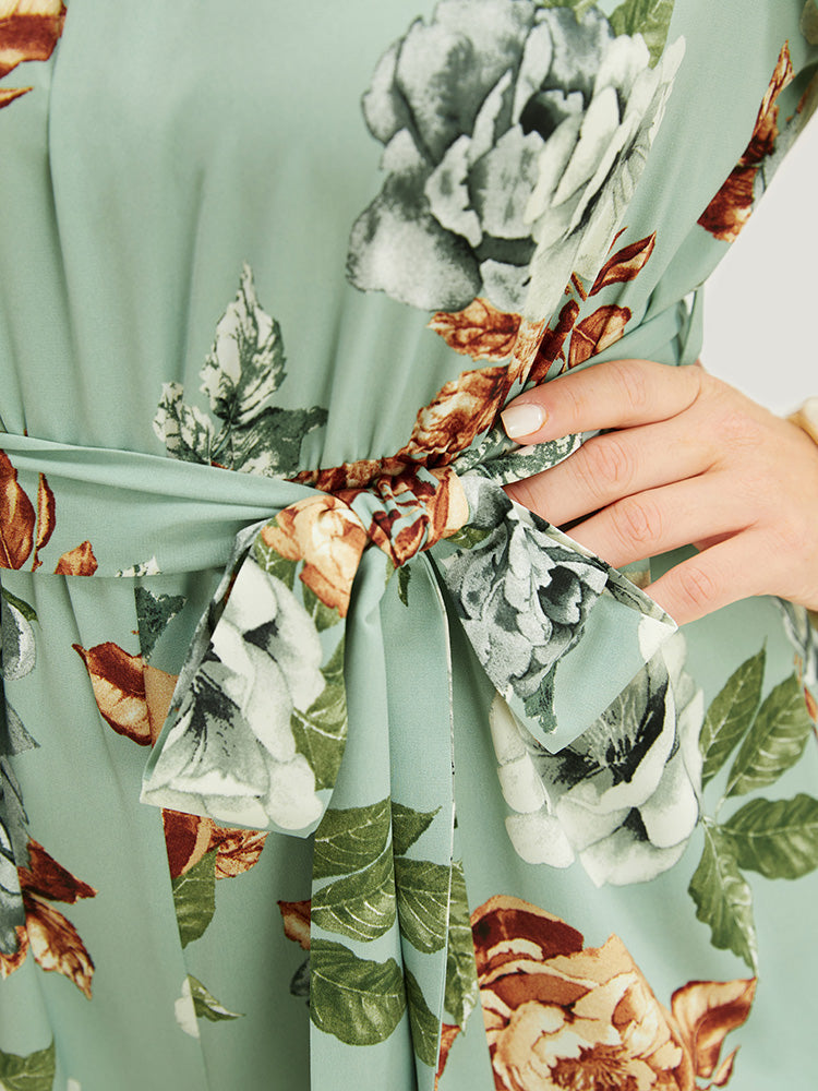 Floral Flutter Sleeve Gathered Belt Pocket Jumpsuit