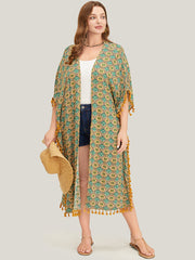 Bandana Batwing Sleeve Tassels Trim Split Open Front Kimono