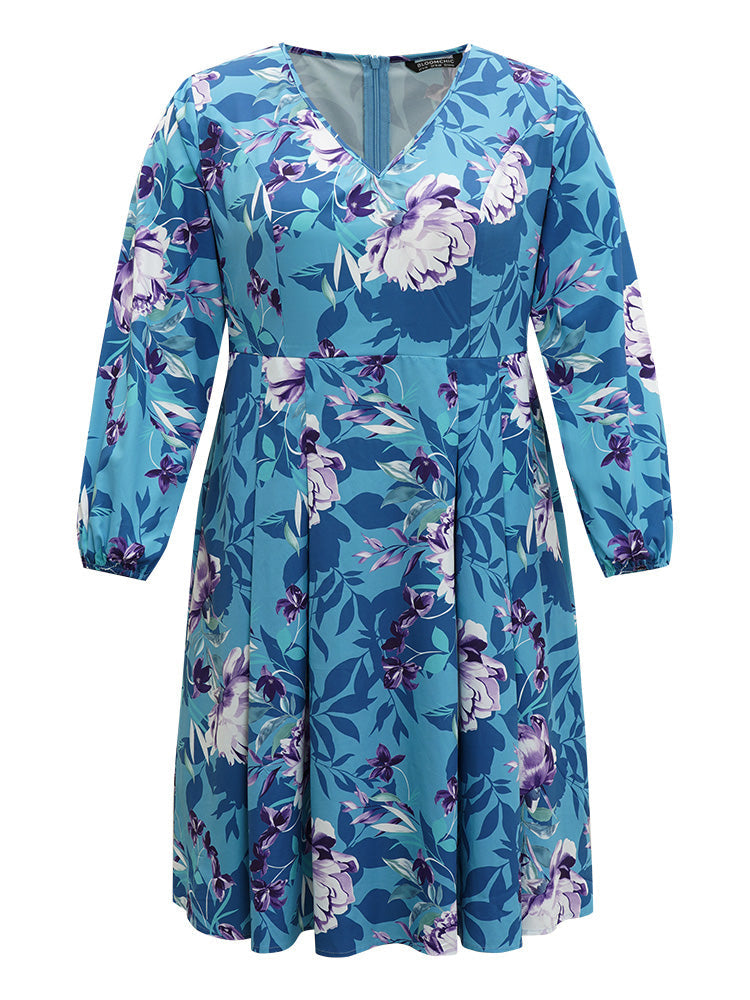 Floral Print Pleated Flutter Zipper Dress